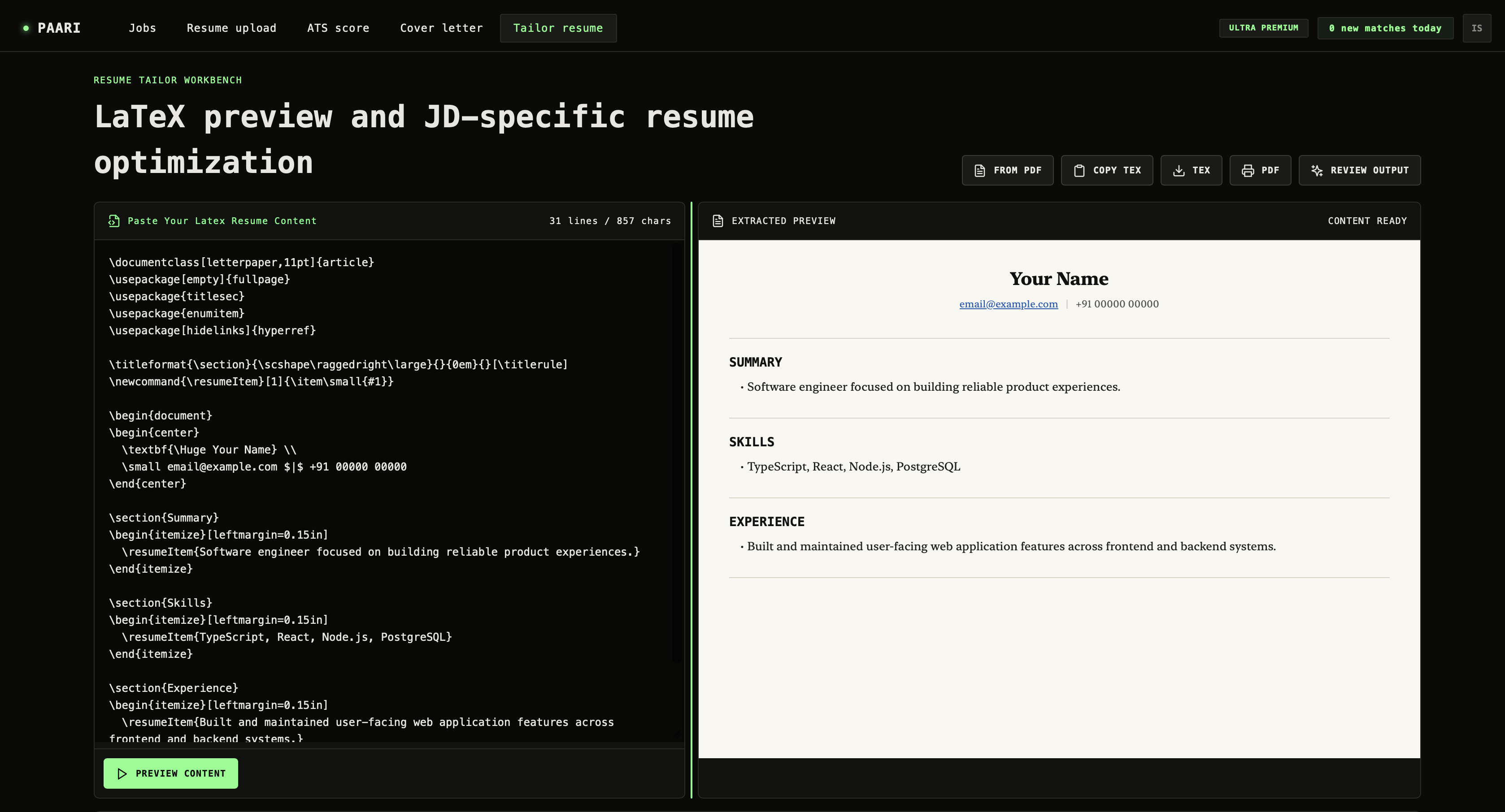 LaTeX resume editor & live PDF preview